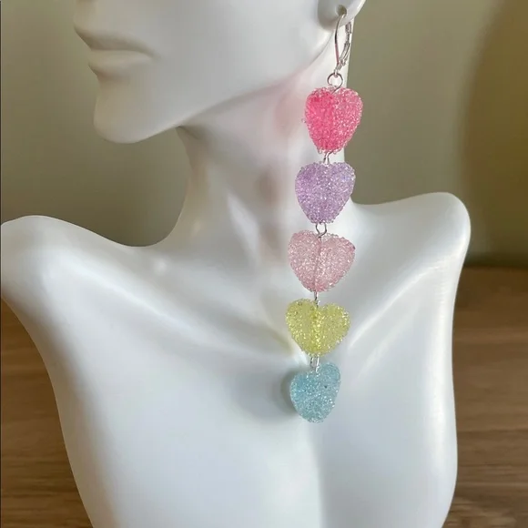 HAND CRAFTED SPARKLING PASTEL GUM DROP HEART DANGLE EARRINGS Candy-Inspired - Picture 4 of 12